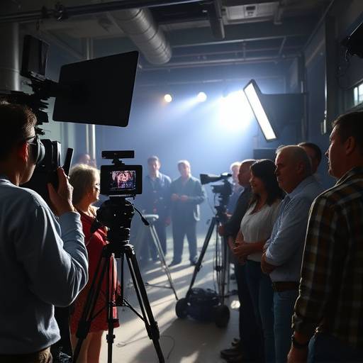 Imagen de un set de grabaci贸n con actores y equipo t茅cnico